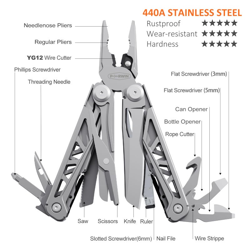 PERWIN Multitool 17 في 1 كماشة متعددة الأدوات من الفولاذ المقاوم للصدأ مع سكين جيب ذاتي القفل من النايلون غمد احترافي (EDC) أداة متعددة للبقاء على قيد الحياة والتخييم والصيد والمشي لمسافات طويلة وإصلاح بسيط - Image 2